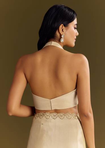 Beige Tissue Saree With Cutdana And Beads Scallop Border