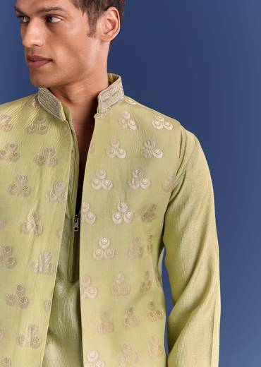 Mint Green Munga Silk Kurta Jacket Set With Hand Embroidery