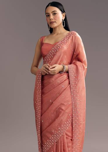 Rust Brown Crushed Tissue Cutdana And Sequin Embroidered Saree