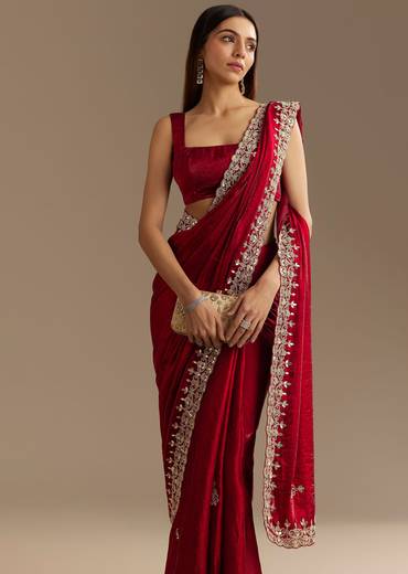 Red Satin Saree With Gotapatti And Scallop Border