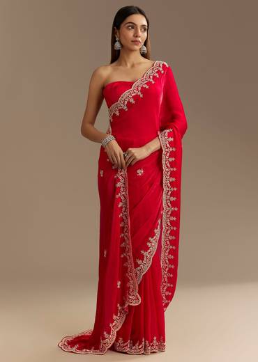 Red Satin Saree With Zardosi Embroidery And Scallop Border