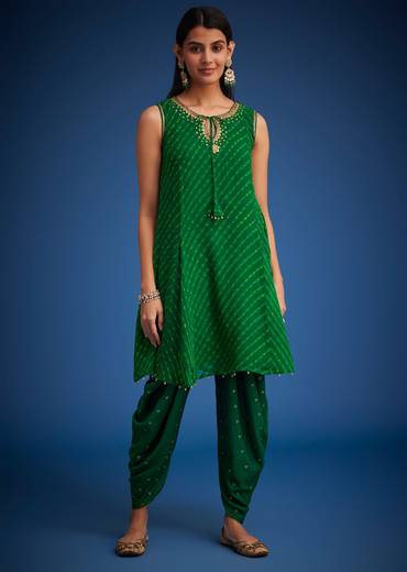 Green Georgette Leheriya Embroidered Dhoti Set