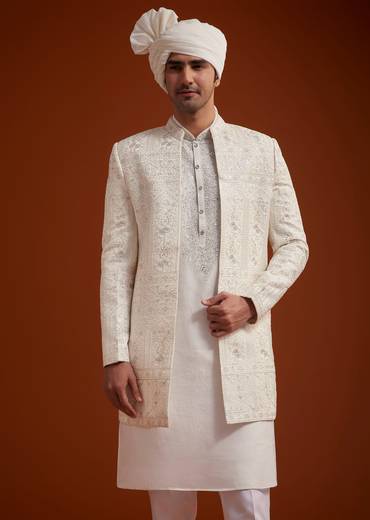 Off White Open Jacket Sherwani Set With Resham Work