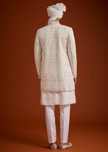 Off White Open Jacket Sherwani Set With Resham Work