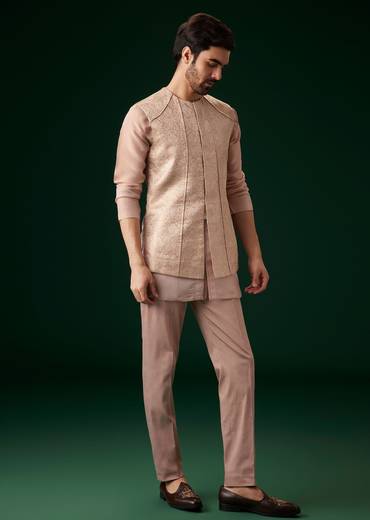 Peach Banarasi Silk Kurta Jacket Set