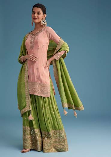 Peach And Green Tissue Palazzo Set With Zardosi And Sequins Work