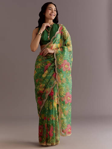 Green Organza Saree With Floral Print And Embellished Border