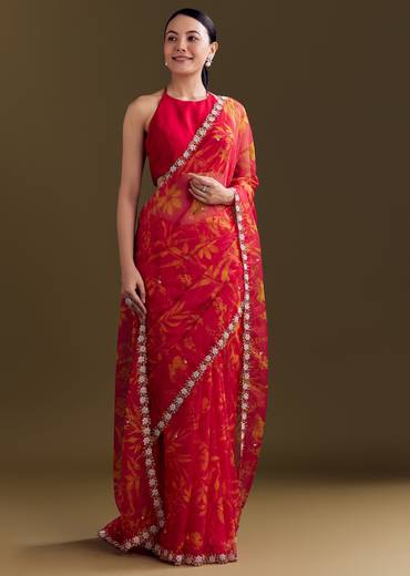 Red Organza Saree With Cutdana Beads And Botanical Print