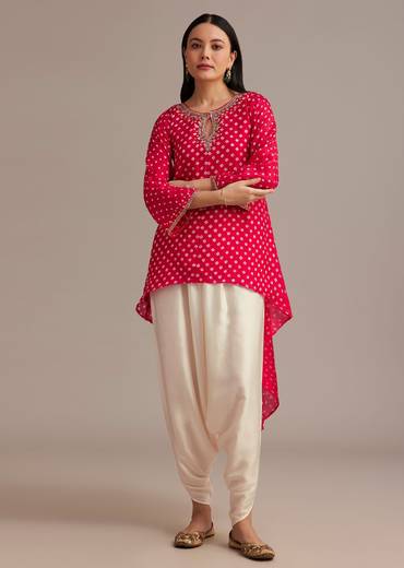 Red Bandhani High Low Kurta Set With Dhoti