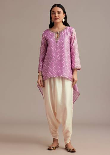 Lavender Bandhani High Low Kurta Set With Dhoti