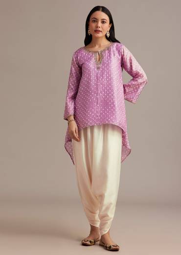 Lavender Bandhani High Low Kurta Set With Dhoti