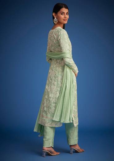 Pista Green Organza Embroidered Straight Kurta Set