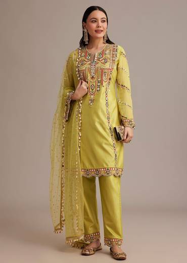 Lemon Yellow Silk Kurta Set With Mirror And Thread Work