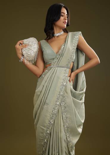 Sage Green Tissue Floral Embroidered Saree With Cutdana And Sequin Work