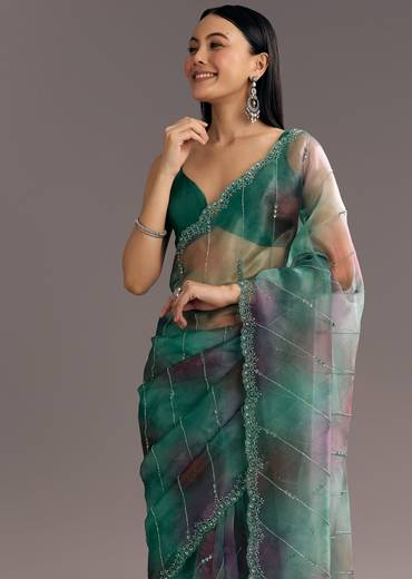 Purple Green Shaded Organza Saree With Cutdana Sequin Embroidery