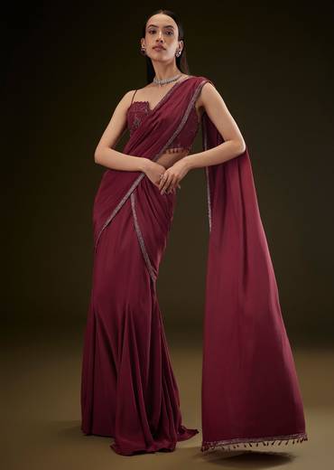 Maroon Corset Embroidered Blouse With Pre Stitched Draped Saree