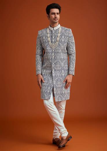 Blue Silk Sherwani Set With Beads Work On Collar