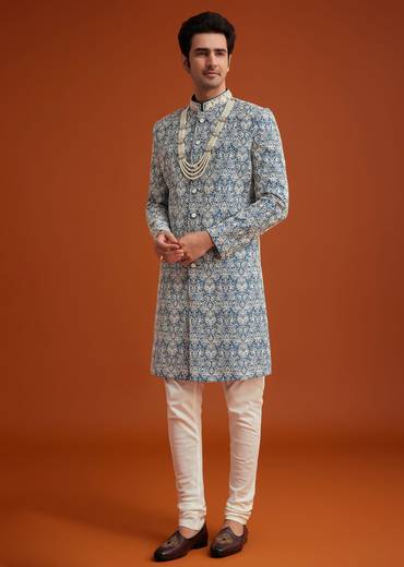 Blue Monga Silk Sherwani With Embroidery And Beadwork