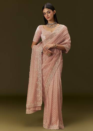Peach Banarasi Tissue Saree With Velvet Embroidered Blouse