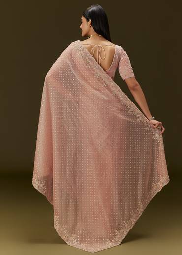 Peach Banarasi Tissue Saree With Velvet Embroidered Blouse