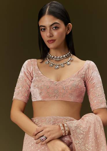 Peach Banarasi Tissue Saree With Velvet Embroidered Blouse