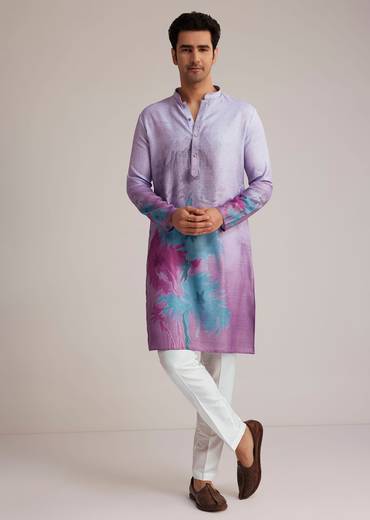 Lilac Linen Kurta Set With Ombre Abstract Print