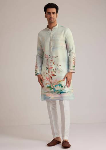Sky Blue Linen Kurta With Floral Print