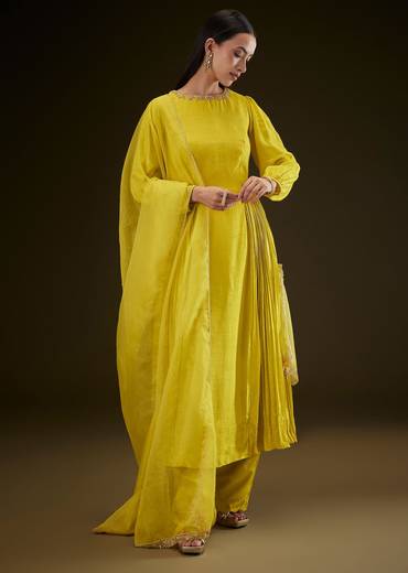 Lime Yellow Kurta With Ruching And Handwork