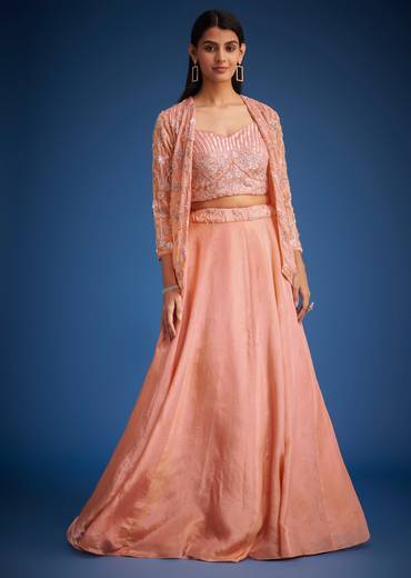 Peach Raw Silk Embroidered Jacket Lehenga Set