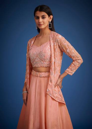 Peach Raw Silk Embroidered Jacket Lehenga Set