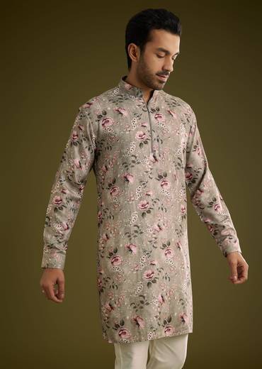 Grey Printed Kurta Set In Russian Silk With Zipper