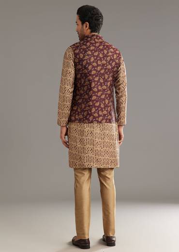 Wine Kurta Jacket Set In Modal Chanderi With Printed Design