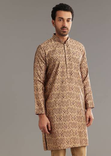 Wine Kurta Jacket Set In Modal Chanderi With Printed Design