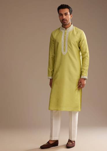 Yellow Silk Kurta Set With Yoke Embroidery