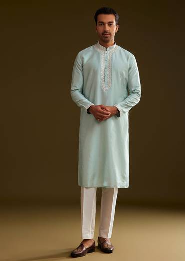 Glacier Blue Silk Kurta Set With Yoke Embroidery
