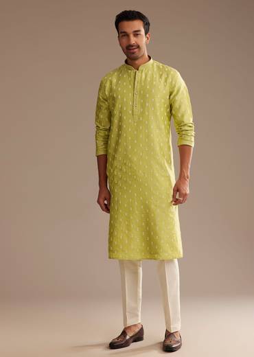 Yellow Silk Kurta Set With Embroidery