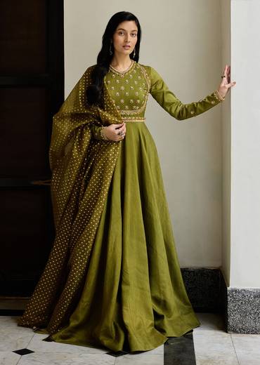 Mehendi Green Tussar Anarkali Suit With Cutdana Embroidery