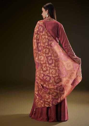 Maroon Raw Silk Embroidered Anarkali With Printed Dupatta