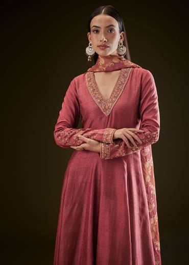 Maroon Raw Silk Embroidered Anarkali With Printed Dupatta