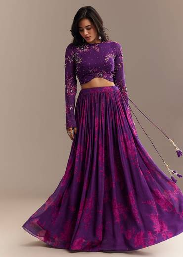 Purple Georgette Floral Printed Lehenga Set