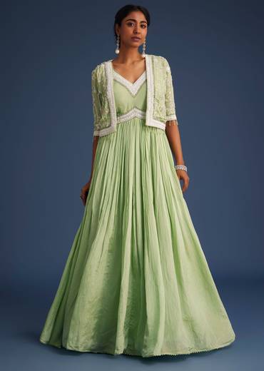 Mint Green Tissue Gown With Embroidered Jacket