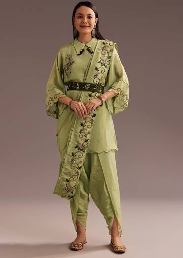 Light Green Zardosi Kurta With Embroidered Dupatta Belt