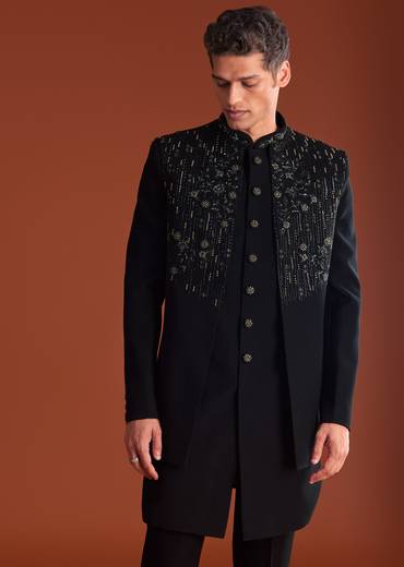 Black Indowestern Jacket Set With Zari And Pearl Work