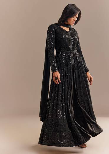 Black Sequined High Slit Anarkali Set