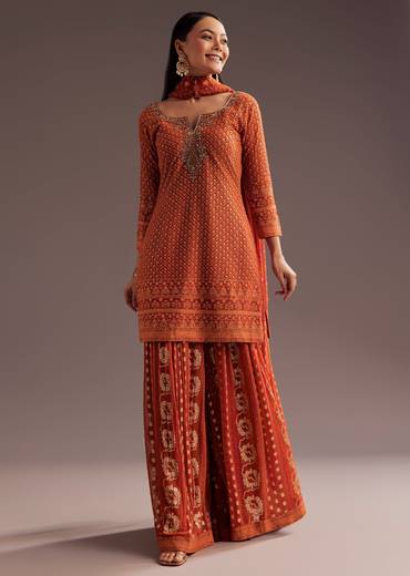 Orange Lucknowi Mirror Zardosi Kurta Palazzo Dupatta Set