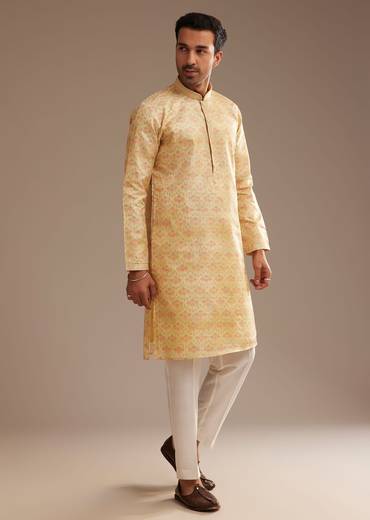 Light Yellow Silk Abstract Printed Kurta Set