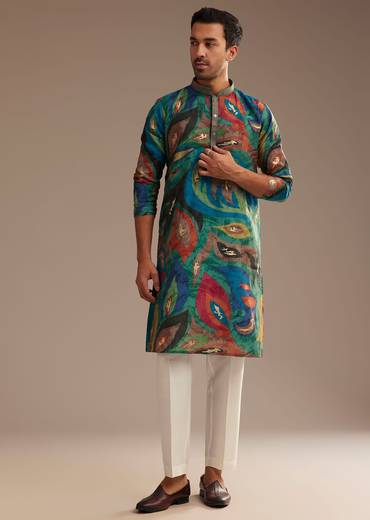 Peacock Blue Multi Color Silk Abstract Printed Kurta Set
