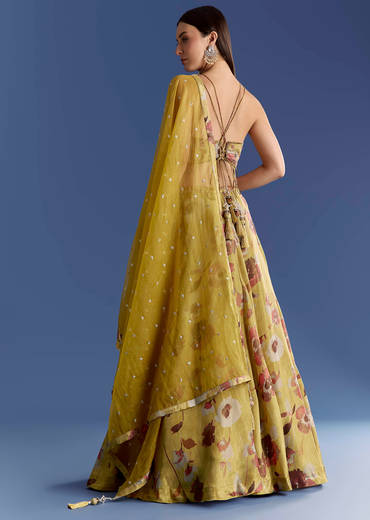 Yellow Tissue Lehenga Set With Zardosi Choli And Sequins Dupatta