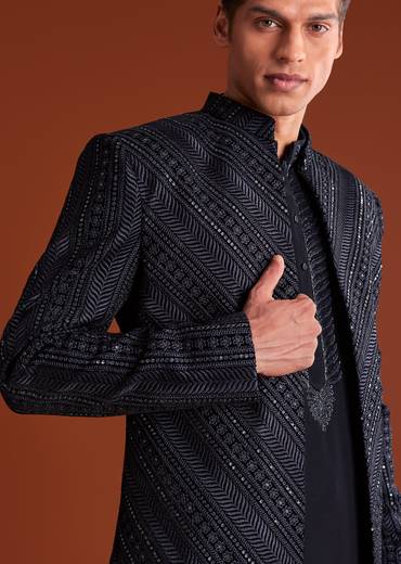 Blue Velvet Indowestern Suit With Cutdana And Thread Work