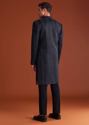 Blue Velvet Indowestern Suit With Cutdana And Thread Work